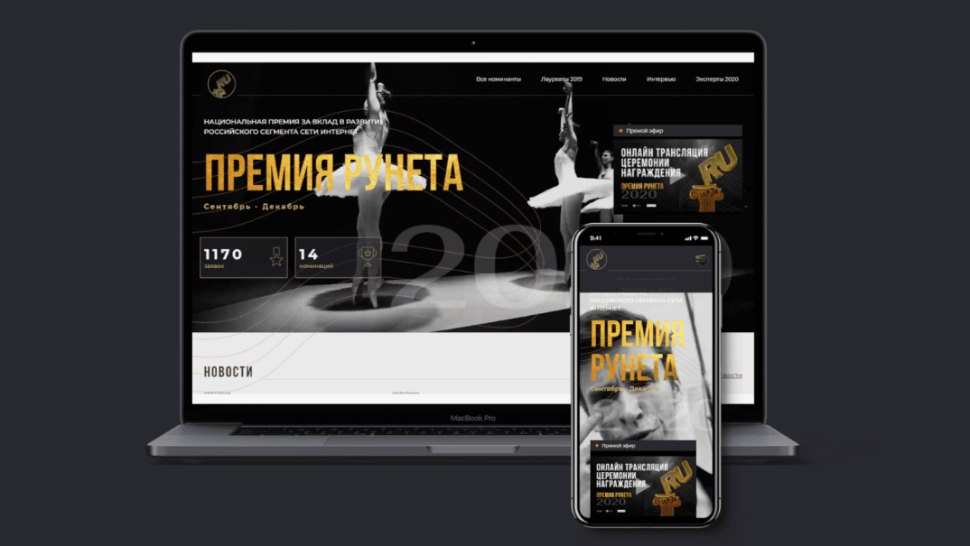 Стильное оформление дизайна сайта Премия Рунета с ориентацией на владельцев бизнеса  - веб студия дизайна Гуси Лебеди